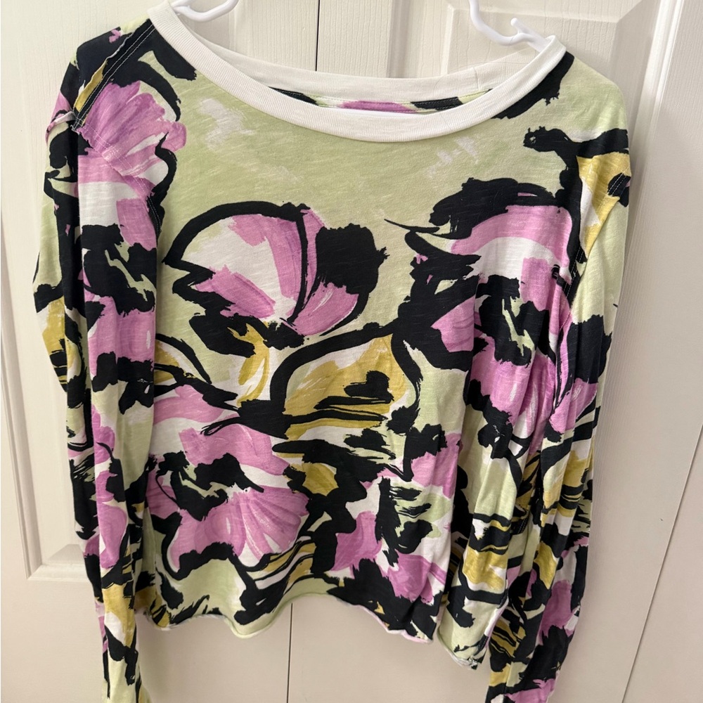 Maeve Floral Boatneck Long-Sleeve Top in Pink, Green & Black